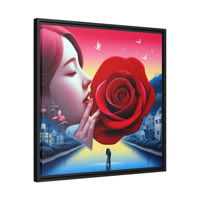 Enchantment in Bloom: Lovely Maiden and Rose Valentine Matte Canvas Art on Elegant Black Pinewood Frame