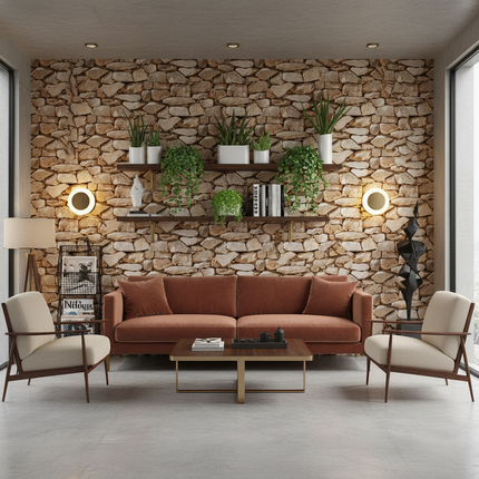 Peekaboo Studio Retro 3D Brick Pattern Solid Stone Wallpaper - Durable