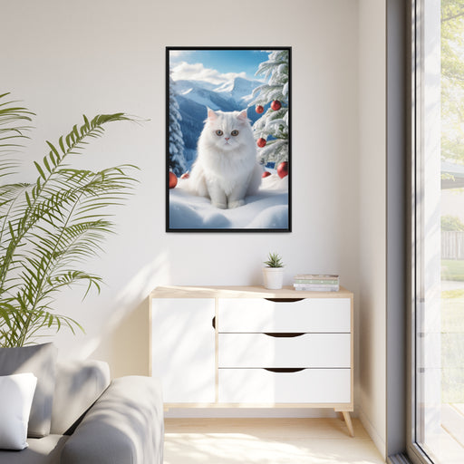 Maison d'Elite Snow white Cat Christmas Matte Canvas - Black Pinewood Frame Printify