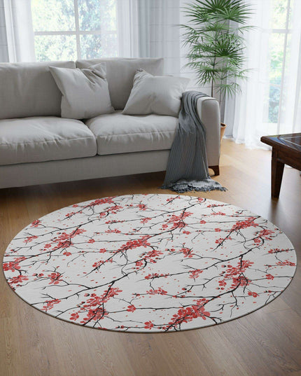 Luxurious Japanese Sakura Blossom Circular Rug - Premium Polyester Chenille Floral Elegance