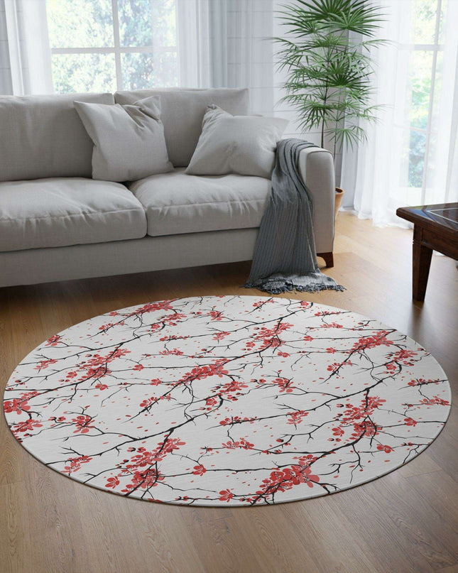 Luxurious Japanese Sakura Blossom Circular Rug - Premium Polyester Chenille Floral Elegance