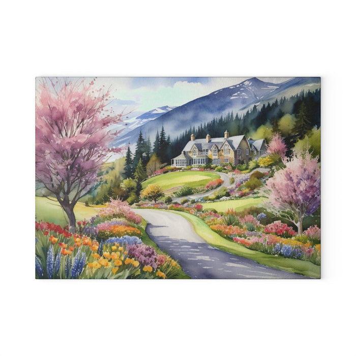 Watercolor Spring Landscape - Maison d'Elite Glass Cutting Board Printify