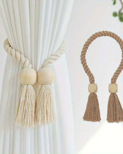 Set of 2 Elegant Magnetic Curtain Tiebacks with Wooden Tassels for Stylish Home Decor