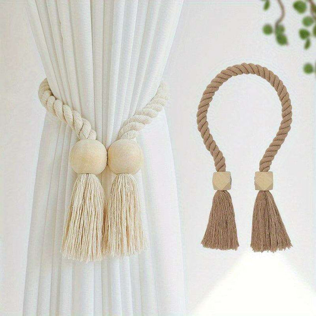 Set of 2 Elegant Magnetic Curtain Tiebacks with Wooden Tassels for Stylish Home Decor