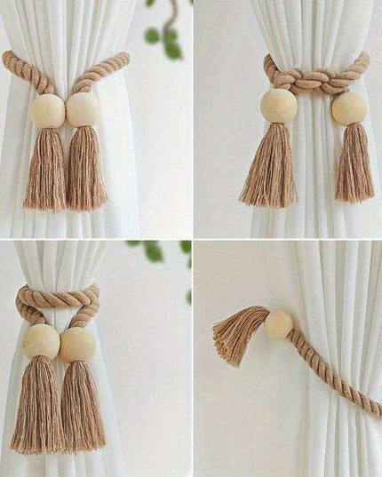 Set of 2 Elegant Magnetic Curtain Tiebacks with Wooden Tassels for Stylish Home Decor