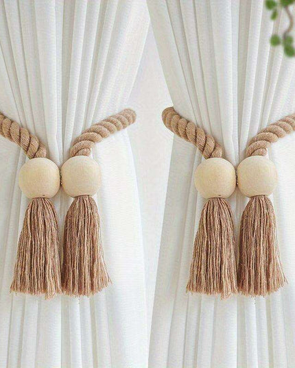 Set of 2 Elegant Magnetic Curtain Tiebacks with Wooden Tassels for Stylish Home Decor