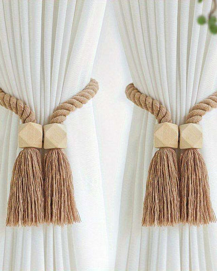Set of 2 Elegant Magnetic Curtain Tiebacks with Wooden Tassels for Stylish Home Decor