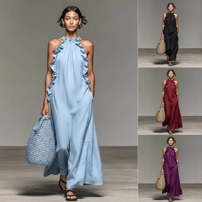 Peekaboo Studio Ruffled Halter Neck Maxi Dress - Flowy, Loose Fit