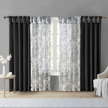 Room & Decor Twist Tab Lined Window Curtain Panel, Black, 50x108