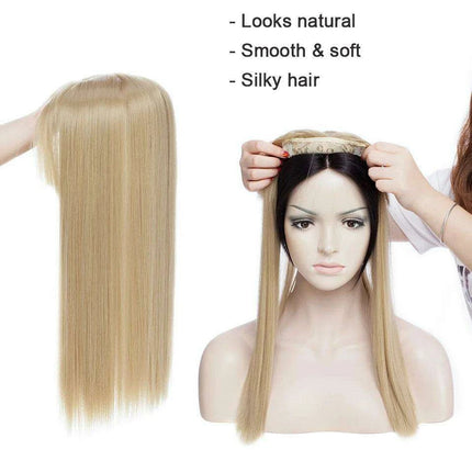 17-Inch Clip-In Synthetic Hair Topper with Silk Base and Bangs for Women - Très Elite