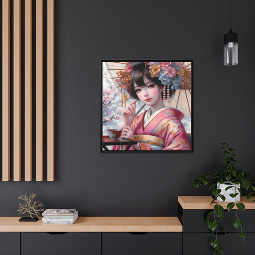 Elegant Kimono Lady Matte Canvas Print with Black Pinewood Frame