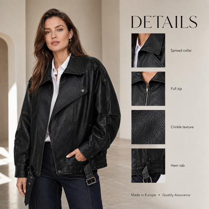 Oversized Faux Leather Jacket — High Collar, Full Zip & Adjustable Belt Coats & Jackets jacket-57 Clothing > Women's Clothing > Outerwear > Jackets & Coats > Faux Leather Jackets