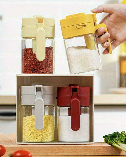 Stylish 2-in-1 Glass Spice Jar Set with Spoon Compartment, Dual-Function Condiment Organizer for Kitchen