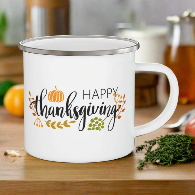 Customizable Adventure-Ready Thanksgiving Enamel Camping Mug - Sturdy and Stylish