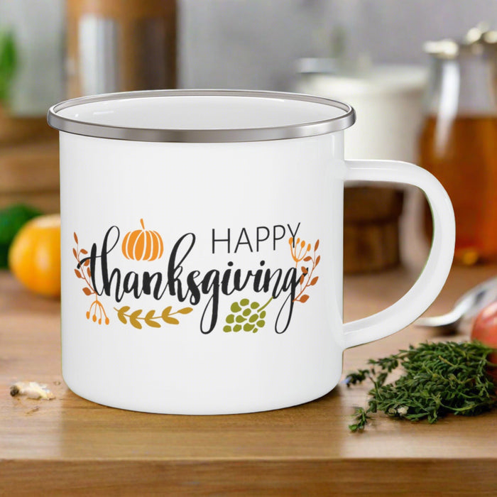 Thanksgiving Adventure Enamel Camping Mug - Personalized and Sturdy