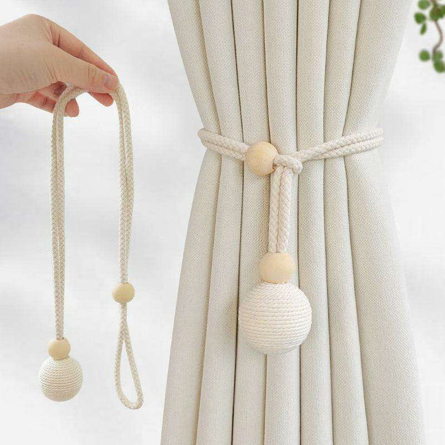 Elegant Adjustable Cotton Curtain Tiebacks with Wooden Accents - 2-Piece Set for Modern Living Spaces, Bedrooms & Offices