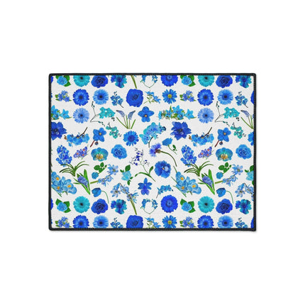 Elegant Customizable Blue Blossom Floor Mat with Chic Black Trim