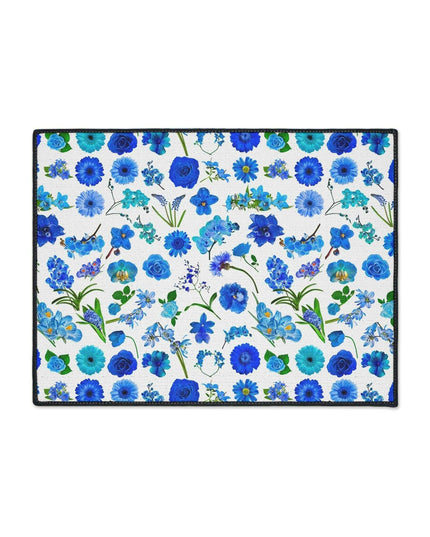 Elegant Customizable Blue Blossom Floor Mat with Chic Black Trim