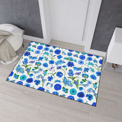 Elegant Customizable Blue Blossom Floor Mat with Chic Black Trim