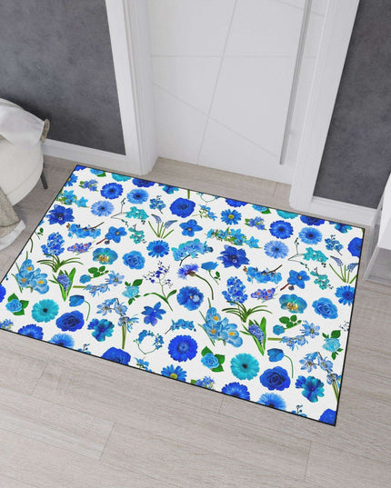 Elegant Customizable Blue Blossom Floor Mat with Chic Black Trim
