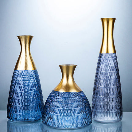 Golden Edge Textured Glass Vase Decoration With Sandblasted Finish