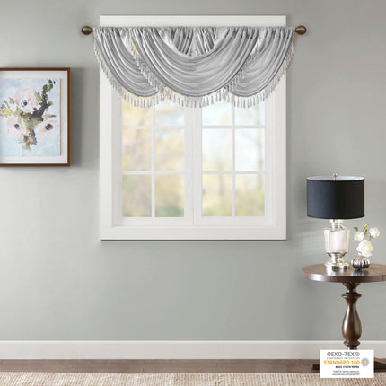 Room and Decor Faux Silk Waterfall Valance, Embellished, Silver 38x46