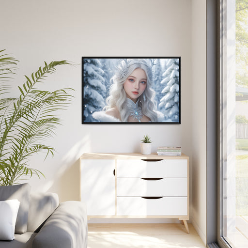 Elegant White Hair Girl Christmas Canvas with Black Pinewood Frame for Stylish Interiors