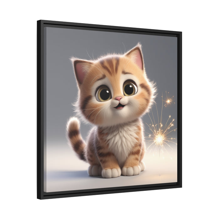 Chic Black Pinewood Framed Adorable Kitty Matte Canvas - Elegant Feline Art Piece