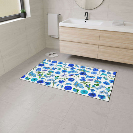 Elegant Customizable Blue Blossom Floor Mat with Chic Black Trim