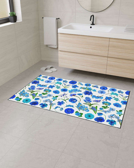 Elegant Customizable Blue Blossom Floor Mat with Chic Black Trim