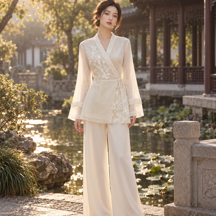 Chinese Embroidery V-Neck Mesh Shirt for Women