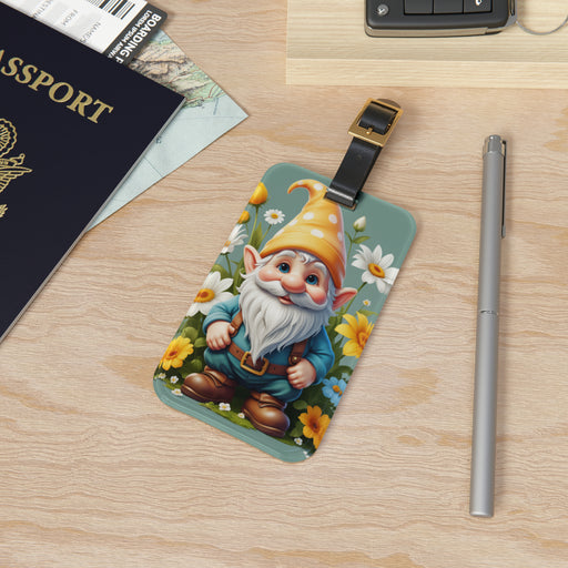 Spring Gnome Luggage Tag: Adjustable Strap, Business Card Slot, and Leather Charm