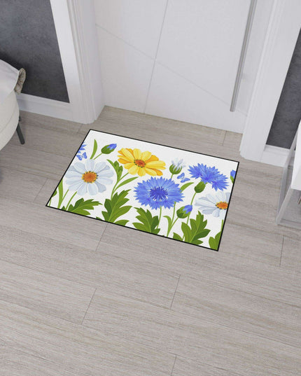 Chic Chamomile Floral Floor Mat with Elegant Black Accents
