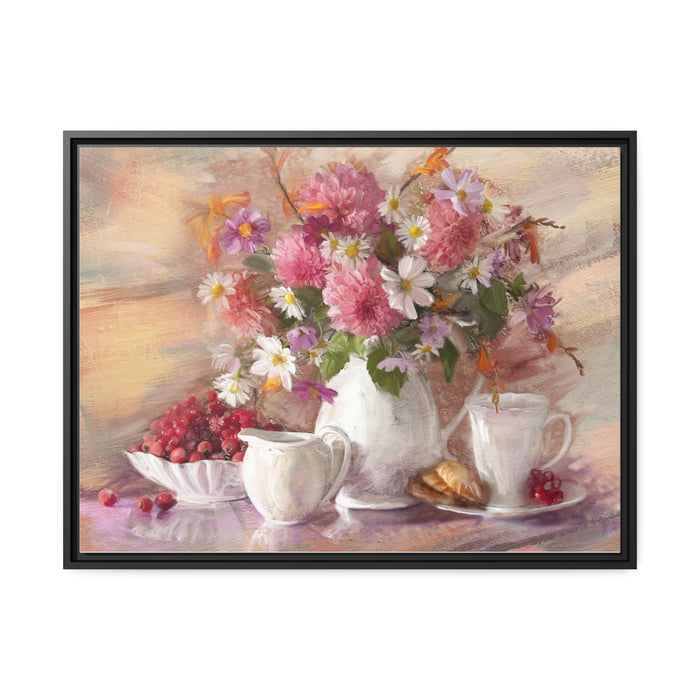 Elegant Floral Canvas Print with Black Pinewood Frame