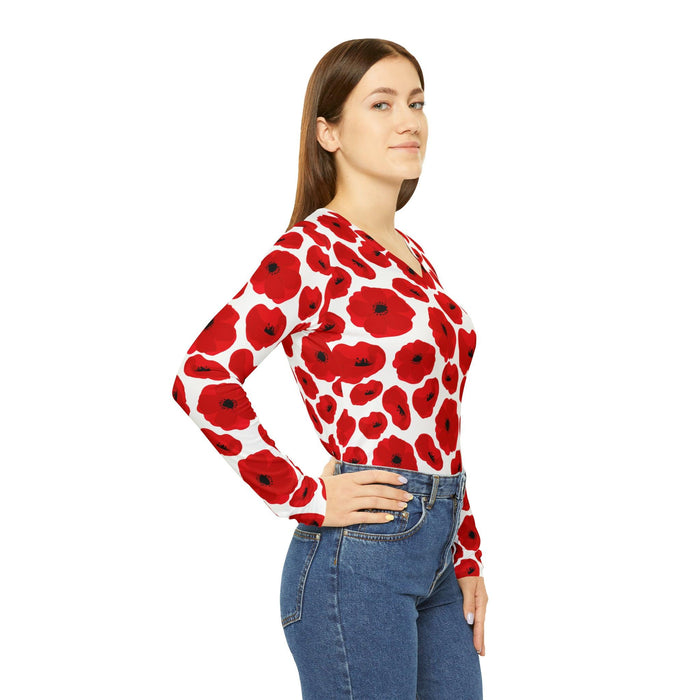 Elegant Crimson Blooms Très Chic Women's Long Sleeve V-neck Tee - Classy, Adaptable, and Cozy