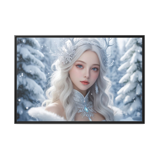 Elegant White Hair Girl Christmas Canvas with Black Pinewood Frame for Stylish Interiors