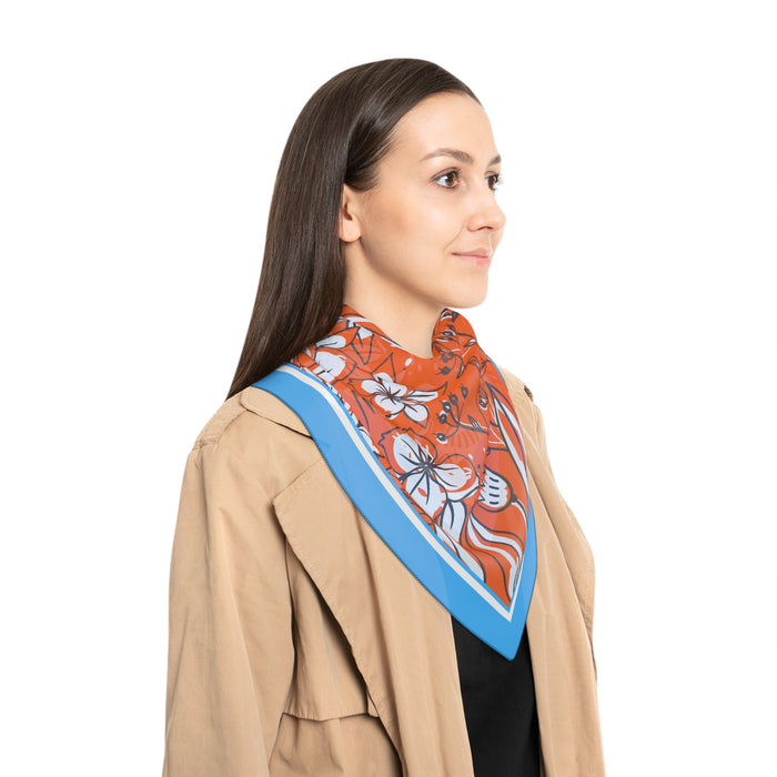 Blue and Orange Floral Sheer Chiffon Scarf - Handcrafted Elegance from the USA