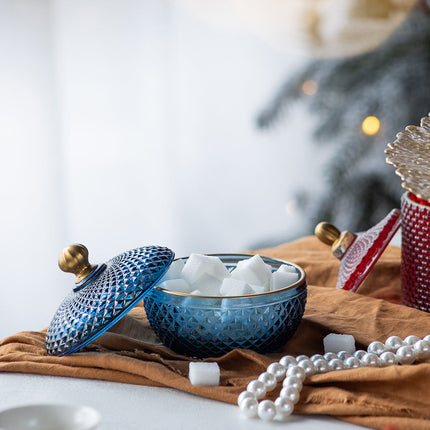 Room & Decor S2 Blue Gold Glass Candy Jar with Lid - Christmas Decor