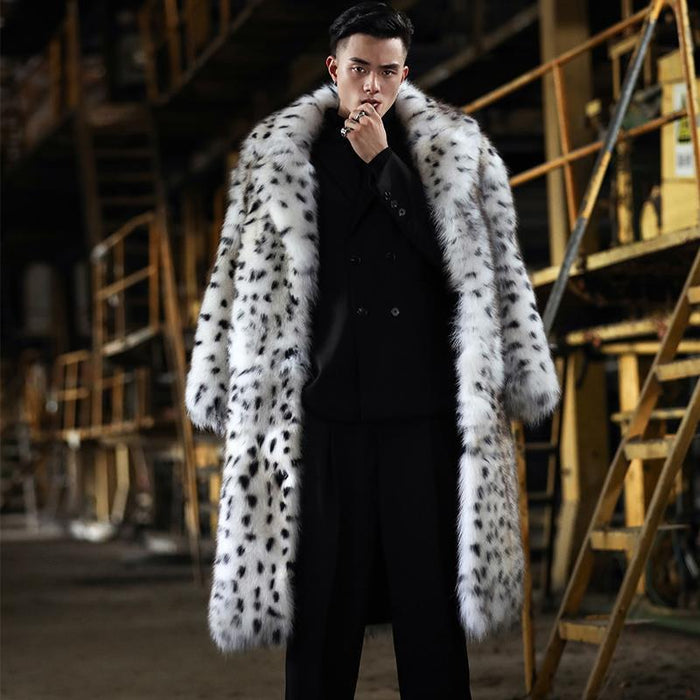 Men's Winter Leopard Print Fur Long Coat | Trendy Imitation Fox Fur Jacket