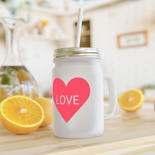 LOVE Personalized Frosted Glass Mason Jar Mug with Lid and Straw - 12oz
