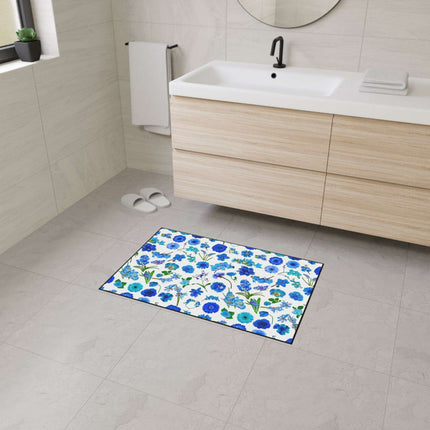 Elegant Customizable Blue Blossom Floor Mat with Chic Black Trim