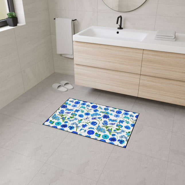 Elegant Customizable Blue Blossom Floor Mat with Chic Black Trim