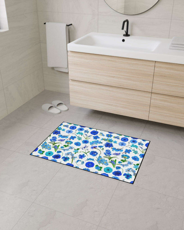 Elegant Customizable Blue Blossom Floor Mat with Chic Black Trim