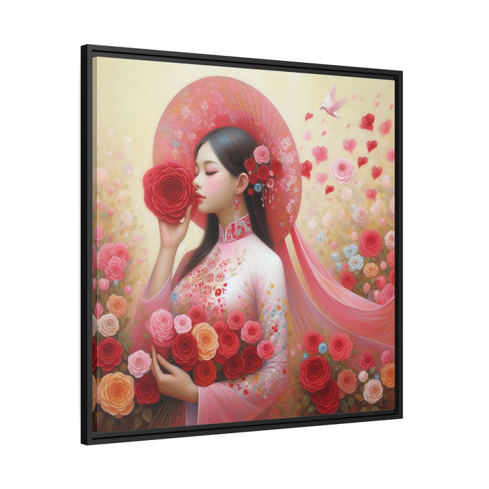 Elegant Asian Beauty Matte Canvas Print with Black Pinewood Frame