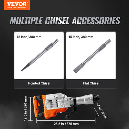VEVOR 3500W Demolition Jack Hammer with 2 Chisel Bits & Heavy Duty Pow