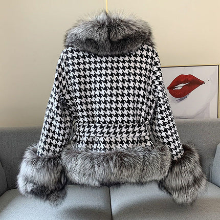 Women's Belted Houndstooth Jacket with Faux Fur Trim
