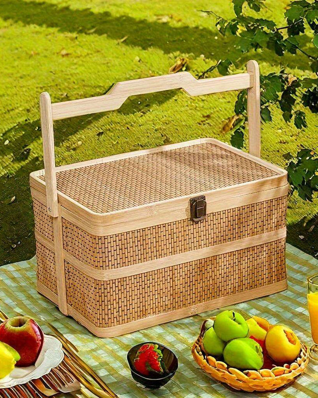 Eco-Friendly Handwoven Bamboo Basket for Picnics and Storage - 12.99" x 7.09" x 5.12"