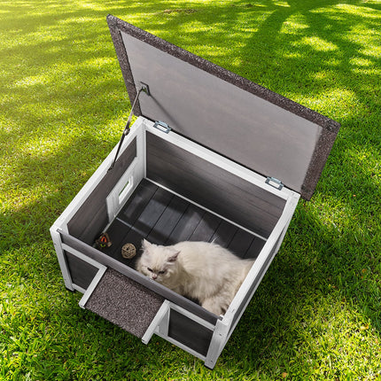 Peekaboo Studio Outdoor Wooden Cat House with Roof & Window Flaps