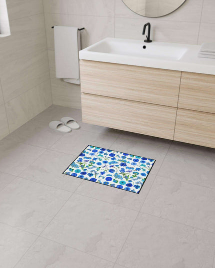 Elegant Customizable Blue Blossom Floor Mat with Chic Black Trim
