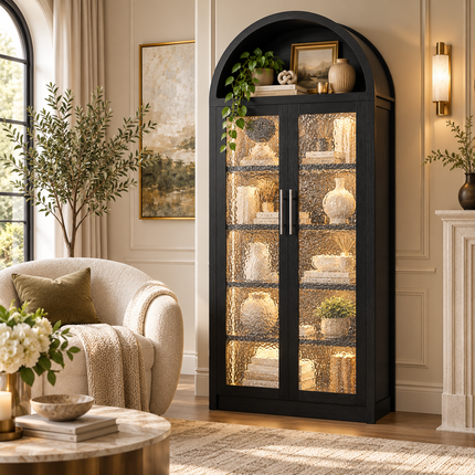 71" Tall Arched Cabinet with LED Lights | Glass Door Pantry Storage Cabinet